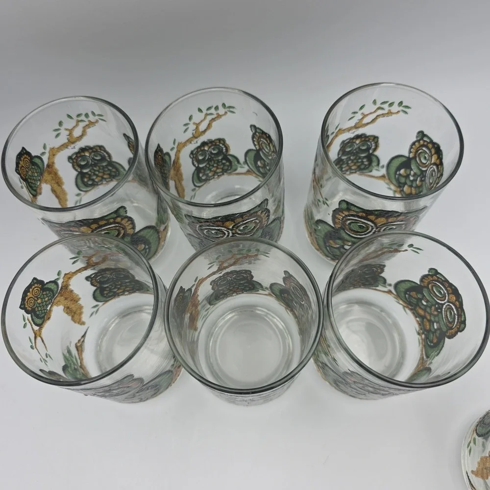 Vintage Libbey Owl Glasses Set Of 7 10 Oz Tumblers Mid Century Barware